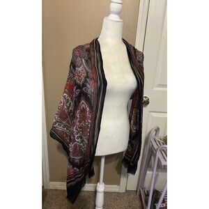J. Jill Paisley Red Black Tan Boho Oblong Fringe Scarf 71" Cotton Lightweight